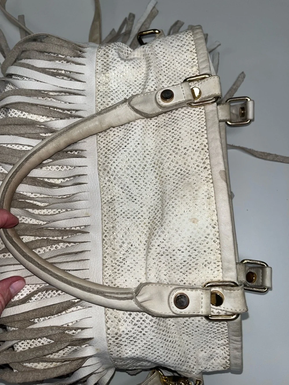B-Low the Belt White & Gold Fringe Leather & Canvas Shoulder Bag